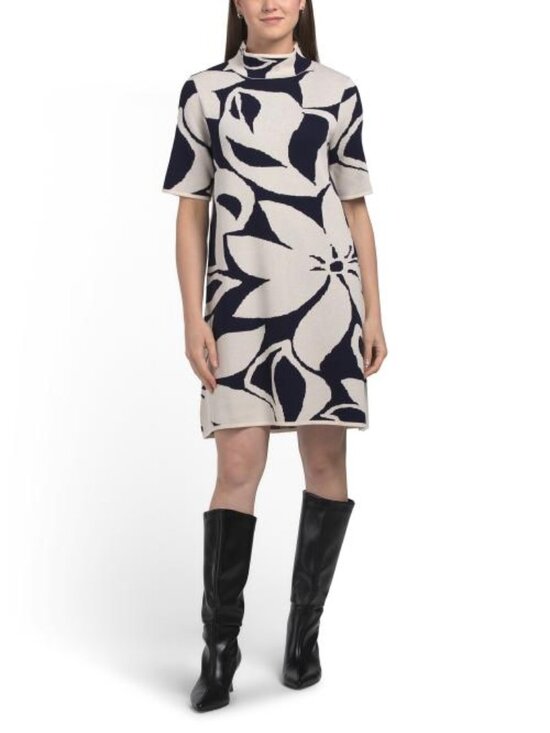 London Times Dresses & Skirts - LONDON TIMES Abstract Mock Neck Short Sleeve Sweater Mini Dress